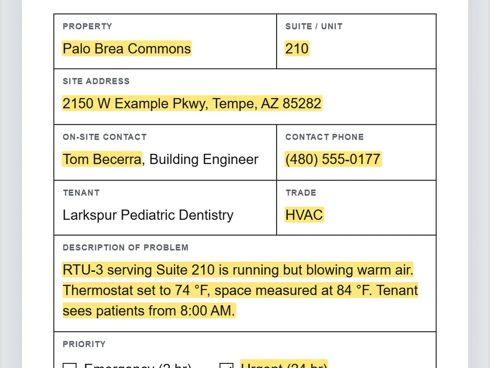 App screenshot: the PDF work-request form with property, suite, address, contact and phone highlighted in yellow
