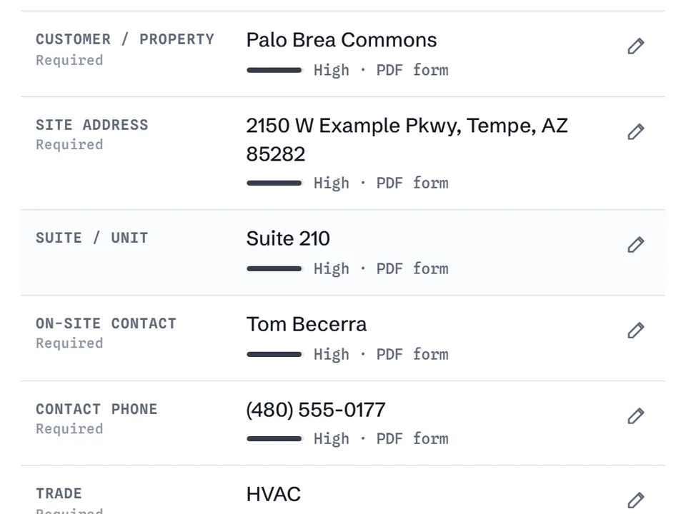App screenshot: job ticket rows for property, address, suite and contact, each with a confidence bar and the source 'PDF form'