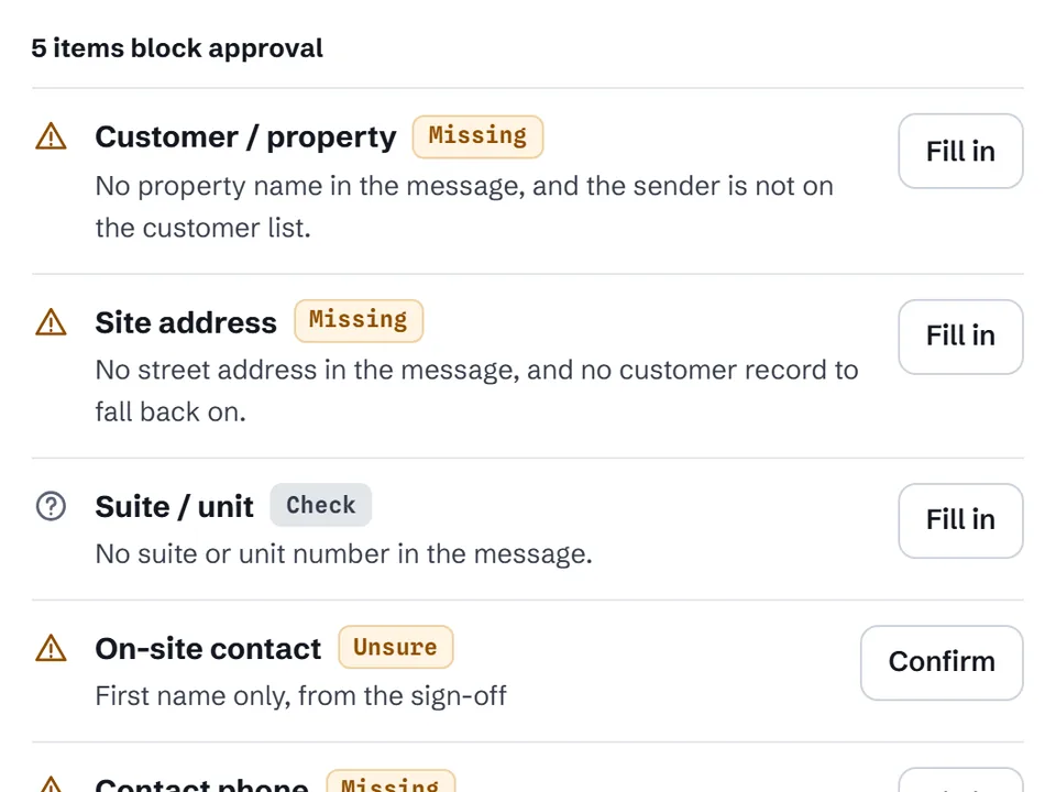 App screenshot: a list of blocking items for a vague request: property, address and phone missing, contact first name only