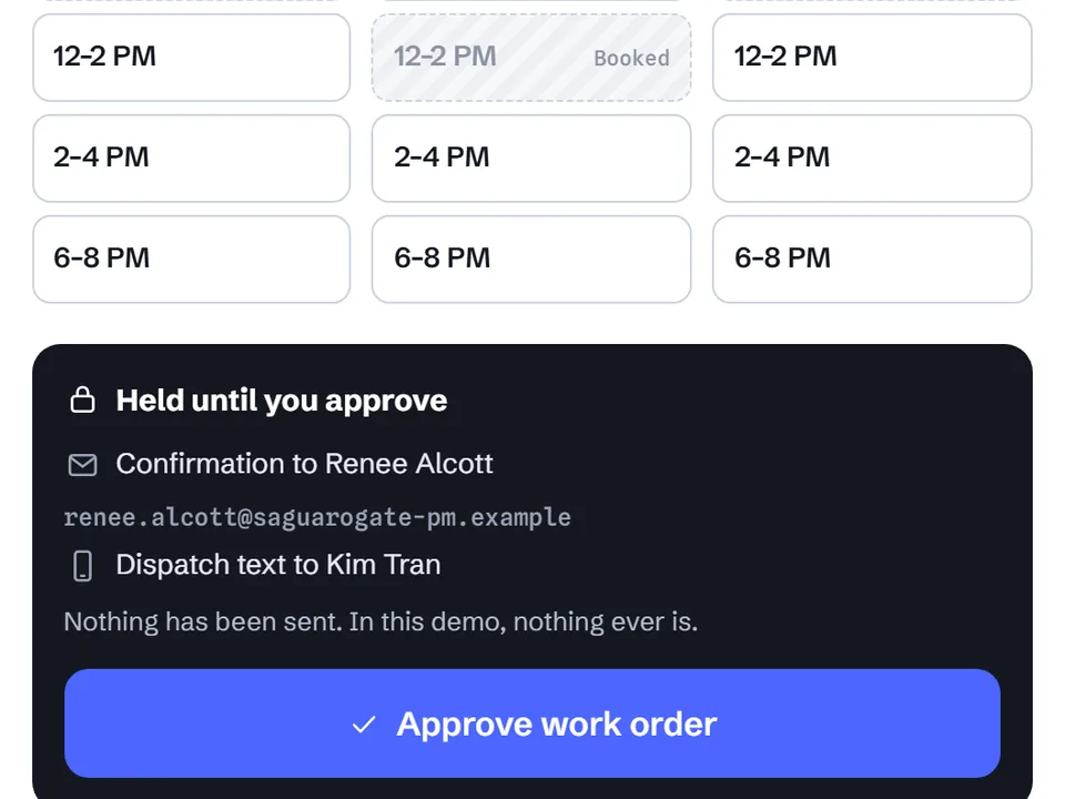 App screenshot: technician calendar slots and a dark panel reading Held until you approve, with an Approve work order button
