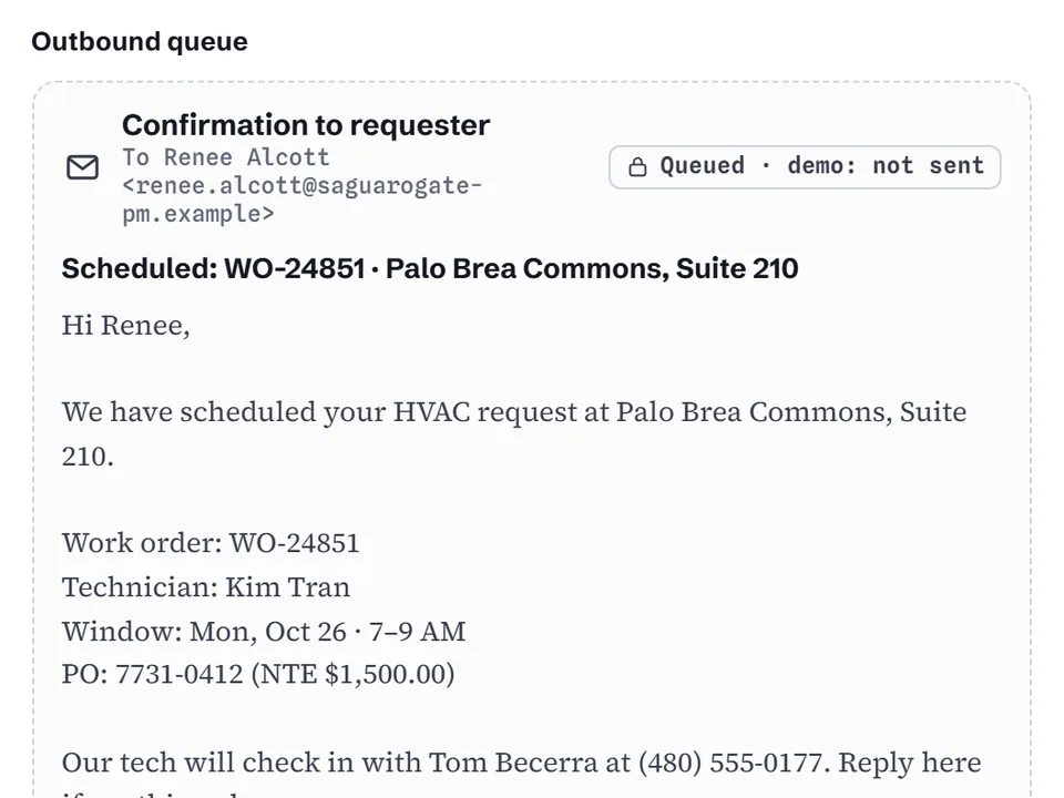 App screenshot: outbound queue with a confirmation email and a dispatch text, each marked Queued, demo: not sent