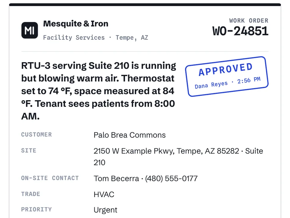 App screenshot: printed work order WO-24851 with an Approved stamp, customer, site, contact, schedule and technician